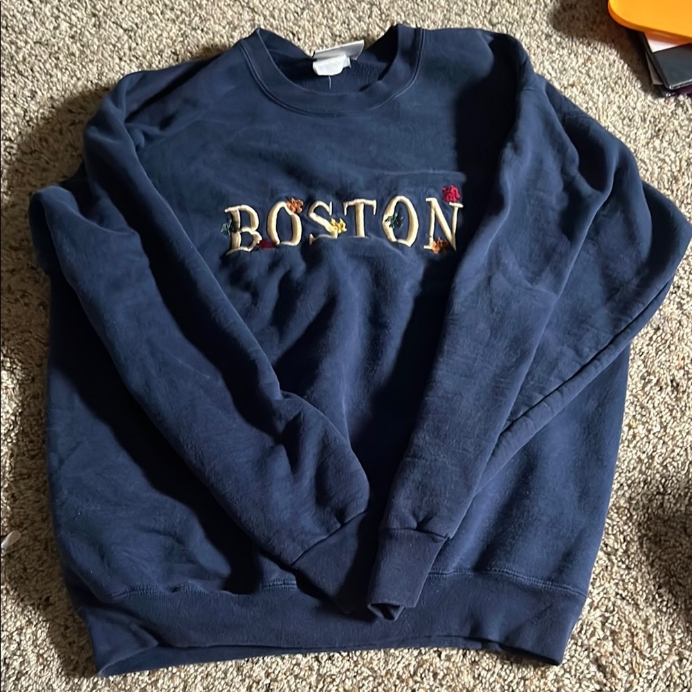 Hanes Blue Crew Neck Sweater with Boston Print